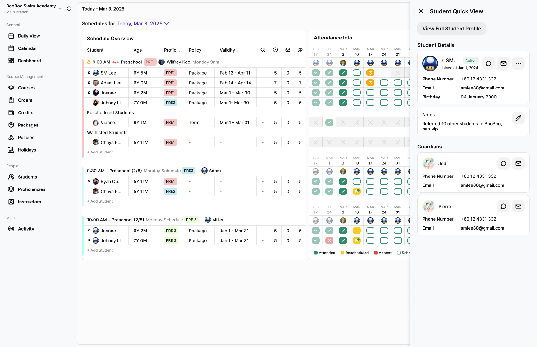 K3LAS scheduling dashboard with attendance, class, and branch panels